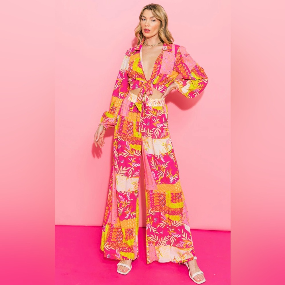 Flying Tomato Pink and Yellow Wide Leg Jumpsuit